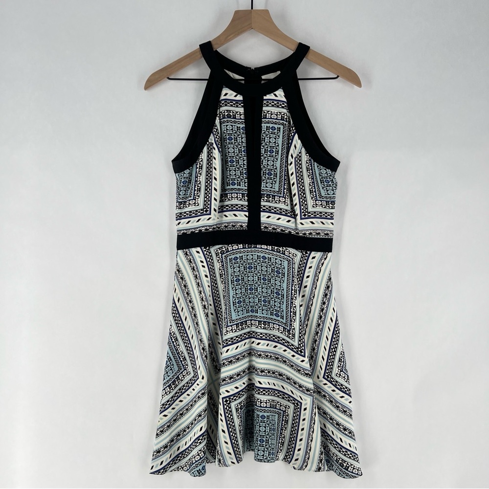 Parker Silk Geometric Print Keyhole Chest Halter‎ Neck Fit & Flare Dress XS